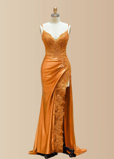 Kristin | Black Prom Dresses Long Mermaid V Neck Lace with High Slit - Orange - PromDressClub